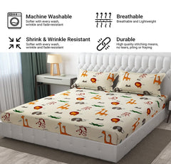 Wrinkle Free Soft Kids Double Bedsheets For King Size With 2 Pillow Cover | 90 X 95 Inches, Cream | Cartoon Printed Design | Child Bedroom Decor