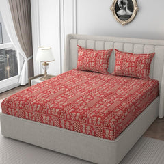 Printed Queen Size Double Bed Bedsheet With 2 Pillow Cover | 60 X 78 Inches, Red & Beige - Breathable, Stain & Wrinkle Resistant | All Around Elastic Fitted Bedsheet