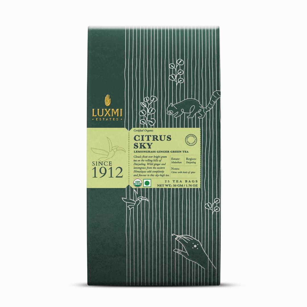 Luxmi Estates Citrus Sky + Midnight Bloom Green Tea Pack Of 2 - 50gm, 1.7 Ounce, 25 Tea Bags In Each | USDA Certified Organic Green Tea - Made With Lemongrass Ginger, Rose, Jasmine Green Tea Luxmi Estates Citrus Sky + Midnight Bloom Green Tea Pack Of 2 - 50gm, 1.7 Ounce, 25 Tea Bags In Each | USDA Certified Organic Green Tea - Made With Lemongrass Ginger, Rose, Jasmine Green Tea