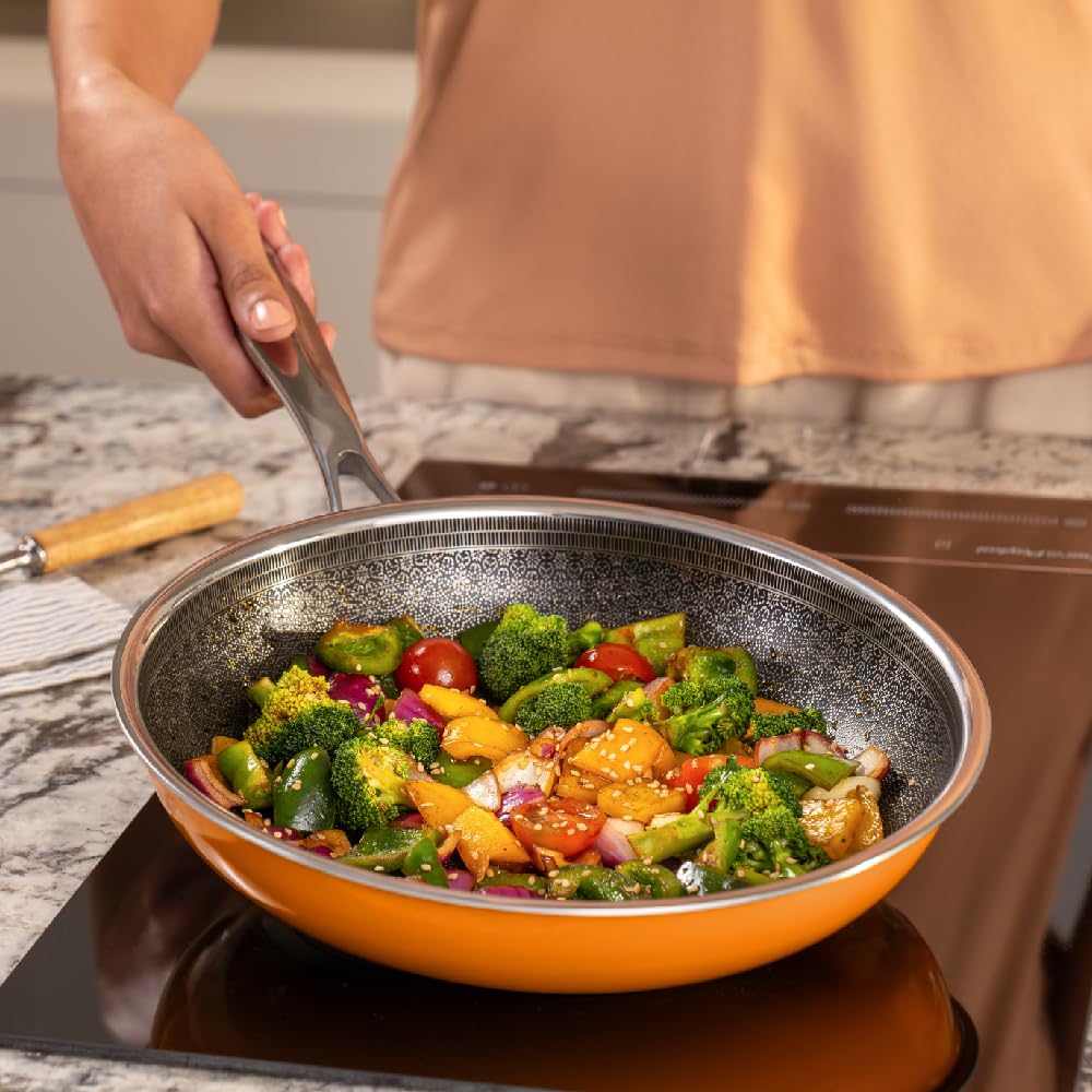 Vida Stainless Steel Triply Frypan With Lid - 24 Cm, 1.8 Liters | Etched Nonstick PTFE - Rivet Less Handle | Gas & Induction Base - 7 Yrs Warranty, Volcanic Color Vida Stainless Steel Triply Frypan With Lid - 24 Cm, 1.8 Liters | Etched Nonstick PTFE - Rivet Less Handle | Gas & Induction Base - 7 Yrs Warranty, Volcanic Color