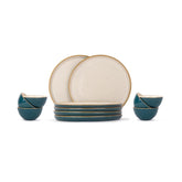 Ceramic Dinner Set Of 12 Pcs, Teal Ivory | Crockery Set For Dining Table - Dining Sets Crockery Items | Glossy Finish Premium Stoneware - 6 Dinner Plates + 6 Veg Small Bowls, 180ml Each