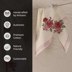 Peepul Tree 100% Pure Cotton Block Printed 2 Hand Towels 240 Gsm | Super Absorbent, Soft & Faster Drying, Floral Printed (Off-White & Pink Roses)
