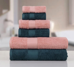 Fash Home International Micro Twist Towel 1800 Gsm Combo - 2 Bath + 2 Hand + 2 Face Towel (Peacock Blue & Pastel Peach) - 6 Pcs