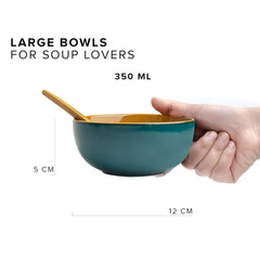 Ceramic Soup Bowl Set With Spoons - 300ml Each, Teal Green | 6 Pieces Soup Bowls + 6 Spoons | Glossy Finish - Premium Stoneware Ceramic Soup Bowls With Spoons | Soup Bowl Set Of 6