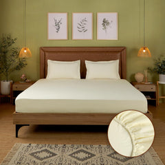 Plain Bedsheet For Double Bed King Size With 2 Pillow Covers - 72 X 78 Inches, Ivory | All Around Elastic Fitted Sheet | 100% Cotton, Soft & Breathable - Collection