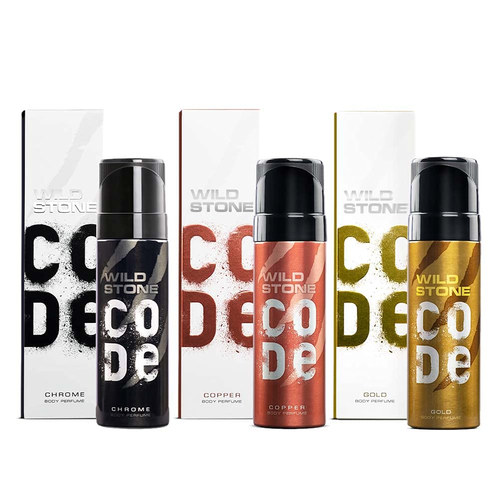 Wild Stone Code Chrome, Copper & Gold No Gas Body Perfume 360ml 12.1 Fl.oz. Pack Of 3 For Men Wild Stone Code Chrome, Copper & Gold No Gas Body Perfume 360ml 12.1 Fl.oz. Pack Of 3 For Men