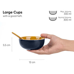 Ceramic Soup Bowl Set With Spoons - 300ml Each, Midnight Blue | 6 Pieces Soup Bowls + 6 Spoons | Glossy Finish - Premium Stoneware Ceramic Soup Bowls With Spoons | Soup Bowl Set Of 6