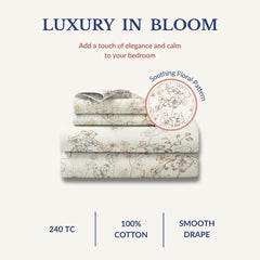 Queen Size Pure Cotton Bedsheet With 2 Pillow Covers | 90 × 108 Inches, Cream & Brown | Soft Breathable Floral Design Bedding | Comfortable Sleep All Year