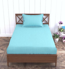 Satin Stripe Single Bedsheet Elastic Fitted With 1 Pillow Cover - 36 X 72 Inches, Sea Blue | Perfect For Use In A Home, Hotel Or Ideal For Bedroom Style