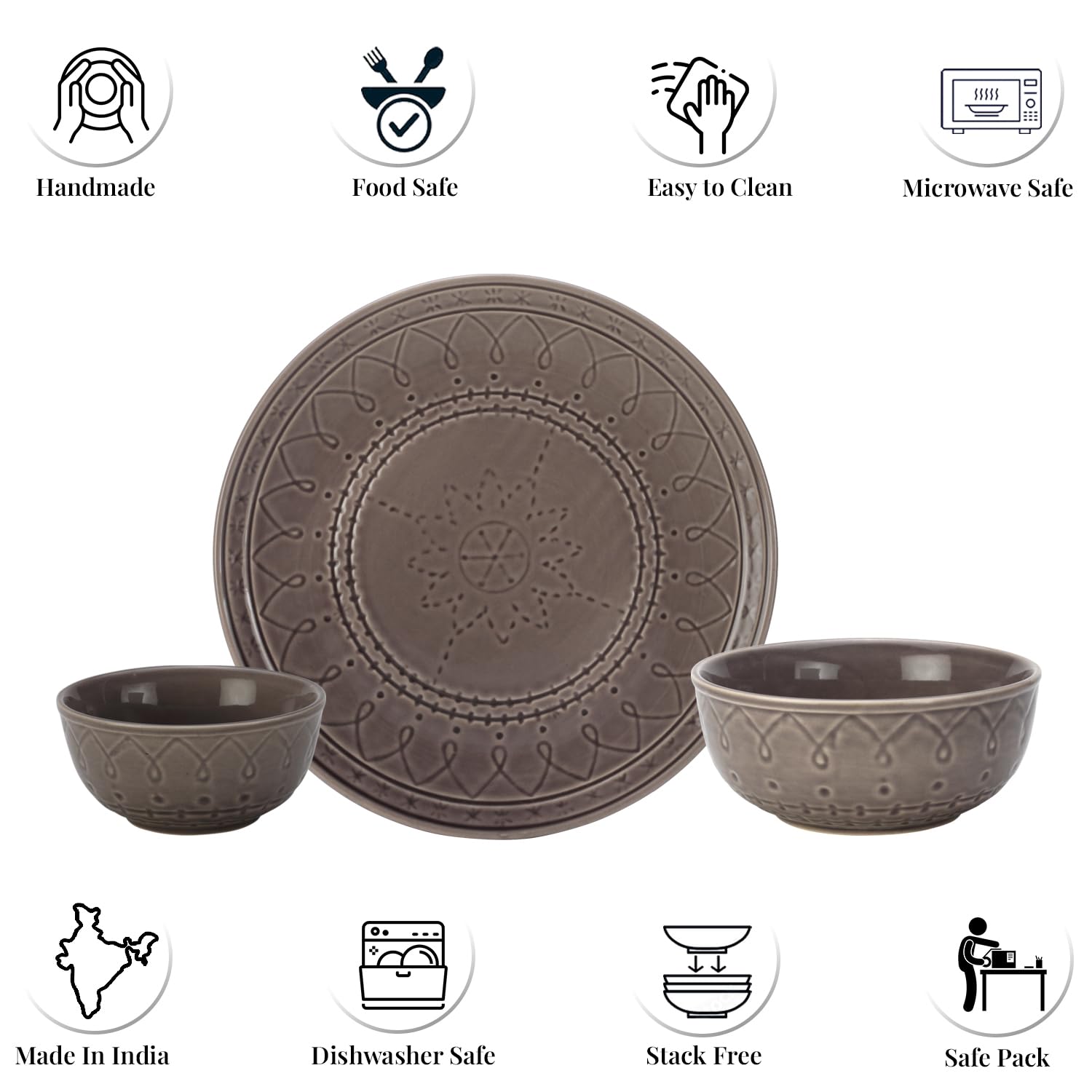 Handcrafted Stoneware Embossed Ceramic Dinner Set Of 20 Pcs With Serving Bowl Set - Ash Grey | 6 Dinner Plates+ 12 Small Dinner Bowls, 180ml Each+ 2 Serving Bowl, 1000ml Each | Serving For 6 Handcrafted Stoneware Embossed Ceramic Dinner Set Of 20 Pcs With Serving Bowl Set - Ash Grey | 6 Dinner Plates+ 12 Small Dinner Bowls, 180ml Each+ 2 Serving Bowl, 1000ml Each | Serving For 6