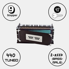 Harmonium 9 Stopper, Chudidaar Bellow, 42 Key, Two Reed (Bass-Male), 3 1/2 Octave, Durable Kepler Frame, 440 Hz Tuned Harmonium