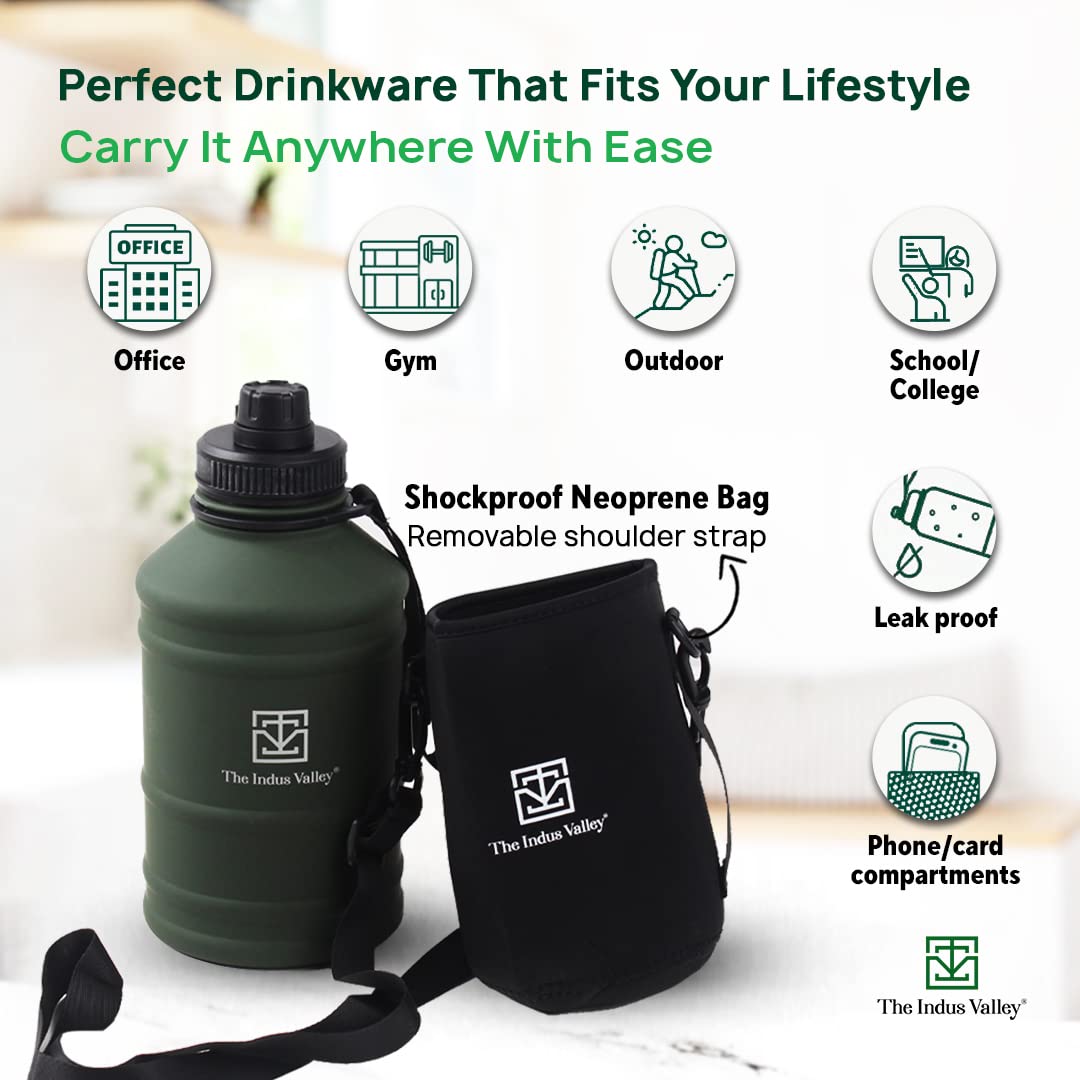 Stainless Steel Water Bottle For School, Outdoor, Gym, Home, Office With Sleeve Bag | Green, 10.6 Inch, 2.2 Liters - Durable, Leak Proof, BPA-Free Stainless Steel Water Bottle For School, Outdoor, Gym, Home, Office With Sleeve Bag | Green, 10.6 Inch, 2.2 Liters - Durable, Leak Proof, BPA-Free