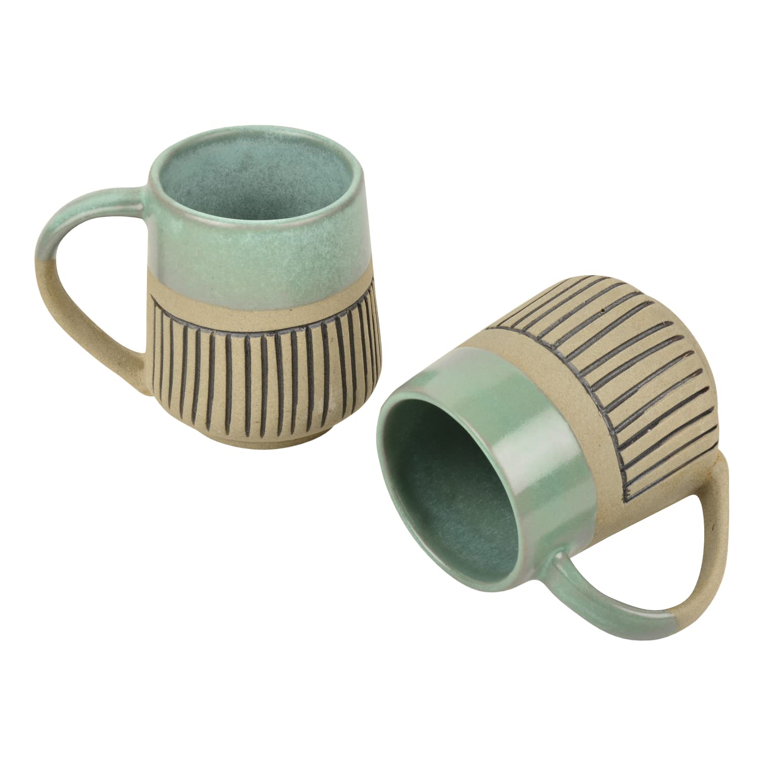 Handcrafted Dual Finish Ceramic Striped Coffee Mugs Set Of 2 - 325ml Each, Turquoise | Milk Mugs - Tea Cups & Mugs Handcrafted Dual Finish Ceramic Striped Coffee Mugs Set Of 2 - 325ml Each, Turquoise | Milk Mugs - Tea Cups & Mugs