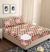 Cotton Elastic Fitted Bedsheets With 2 Pillow Covers Double Bed All Around Elastic | 72 X 78 +10 Inches, Multicolor -Breathable & Skin-Friendly Bedsheet