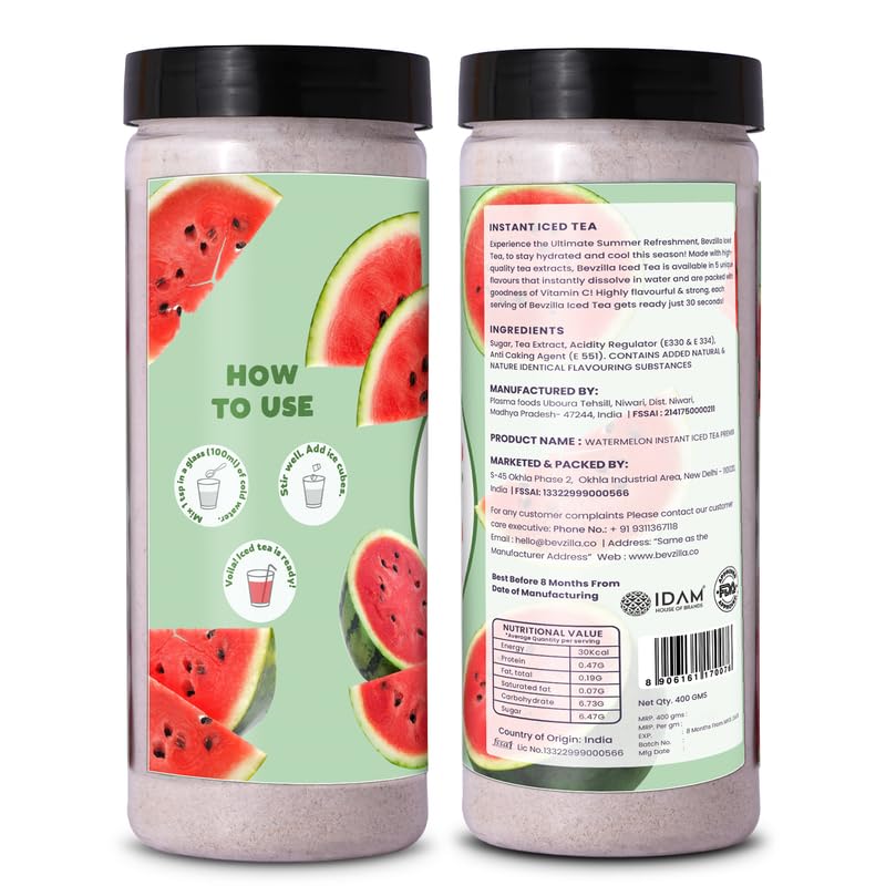 Bevzilla Watermelon Instant Iced Tea Mix - 400gm, 14.1 Ounce | Quick Ready In 30 Seconds - Perfect Refreshing Summer Drink | Easy To Carry Anywhere - Low Caffeine Bevzilla Watermelon Instant Iced Tea Mix - 400gm, 14.1 Ounce | Quick Ready In 30 Seconds - Perfect Refreshing Summer Drink | Easy To Carry Anywhere - Low Caffeine