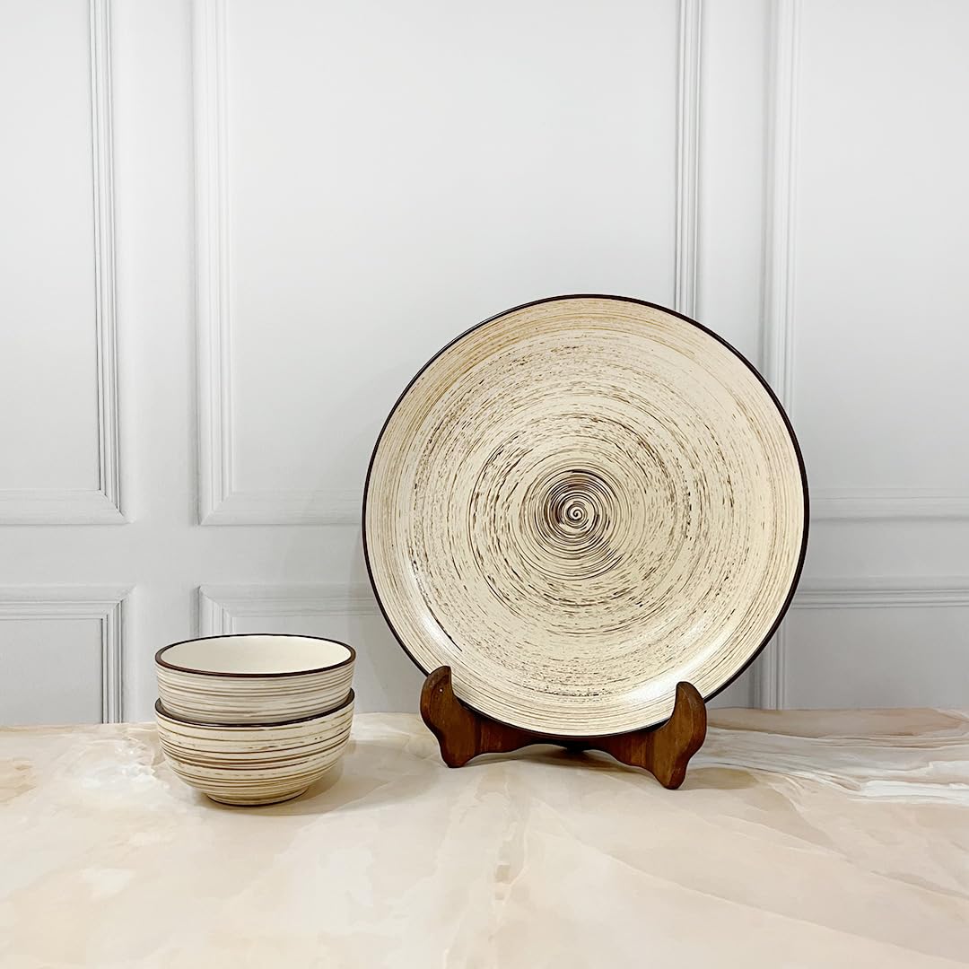 Iris Beige Handcrafted Ceramic Dinner Set - 3 Pieces | 1 Dinner Plate + 2 Katori Bowls, 180ml Each Dinnerware Set | Serving For 1, Microwave Safe & Dishwasher Safe