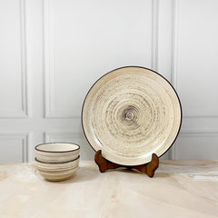 Iris Beige Handcrafted Ceramic Dinner Set - 3 Pieces | 1 Dinner Plate + 2 Katori Bowls, 180ml Each Dinnerware Set | Serving For 1, Microwave Safe & Dishwasher Safe