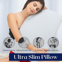 Ultra Slim Pillow, Memory Foam Pillow For Sleeping - 25.5 X 16.5 X 1 Inch | Ultra Thin Pillow For Neck Pain Relief - Thin Cervical Pillow For Neck Support, Orthopedic Pillow - Pack Of 2