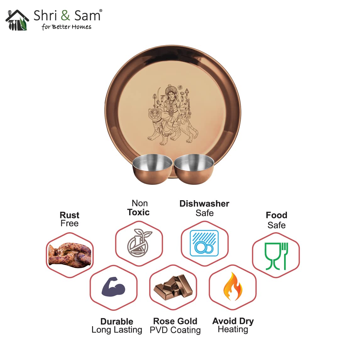 Stainless Steel Durga Mata Pooja Thali Set Of 3, Rose Gold PVD Coating | 1 Pooja Thali+ 2 Katoris - Easy To Clean & Dishwasher Safe Stainless Steel Durga Mata Pooja Thali Set Of 3, Rose Gold PVD Coating | 1 Pooja Thali+ 2 Katoris - Easy To Clean & Dishwasher Safe