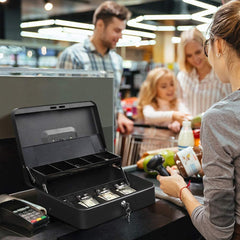 Cash Box With Key Lock, Metal Cash Box With Money Tray, Cash Register,5 Compartments Cantilever Tray & 4 Spring - Clips For Bills,11.81"X 9.45"X 3.54" Colour - Black