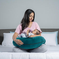 Feeding Pillow For New Born Baby, 5 In 1 Multipurpose Use - Peacock Green | Nursing Pillow With Belt & Hoop For Breastfeeding With Velvet Removable Cover | For Reading, Resting Pillow