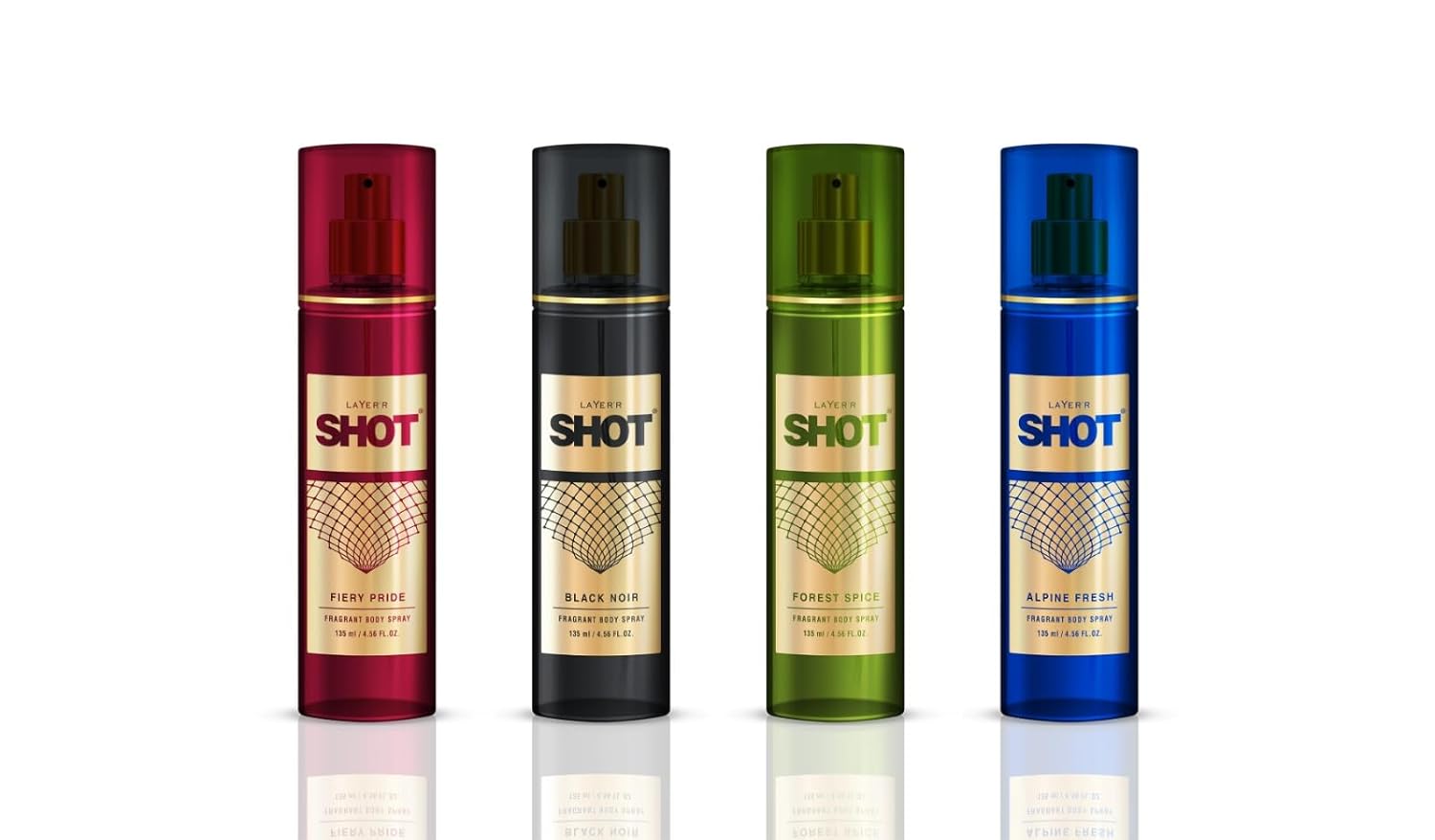 Layer'r Shot Combo Of 4 Fragrance Body Spray Alpine Fresh + Forest Spice + Fiery Pride + Black Noir Each 135ml 4.56 Fl.oz. |  Long Lasting Frsh Fragrance For Men Layer'r Shot Combo Of 4 Fragrance Body Spray Alpine Fresh + Forest Spice + Fiery Pride + Black Noir Each 135ml 4.56 Fl.oz. |  Long Lasting Frsh Fragrance For Men