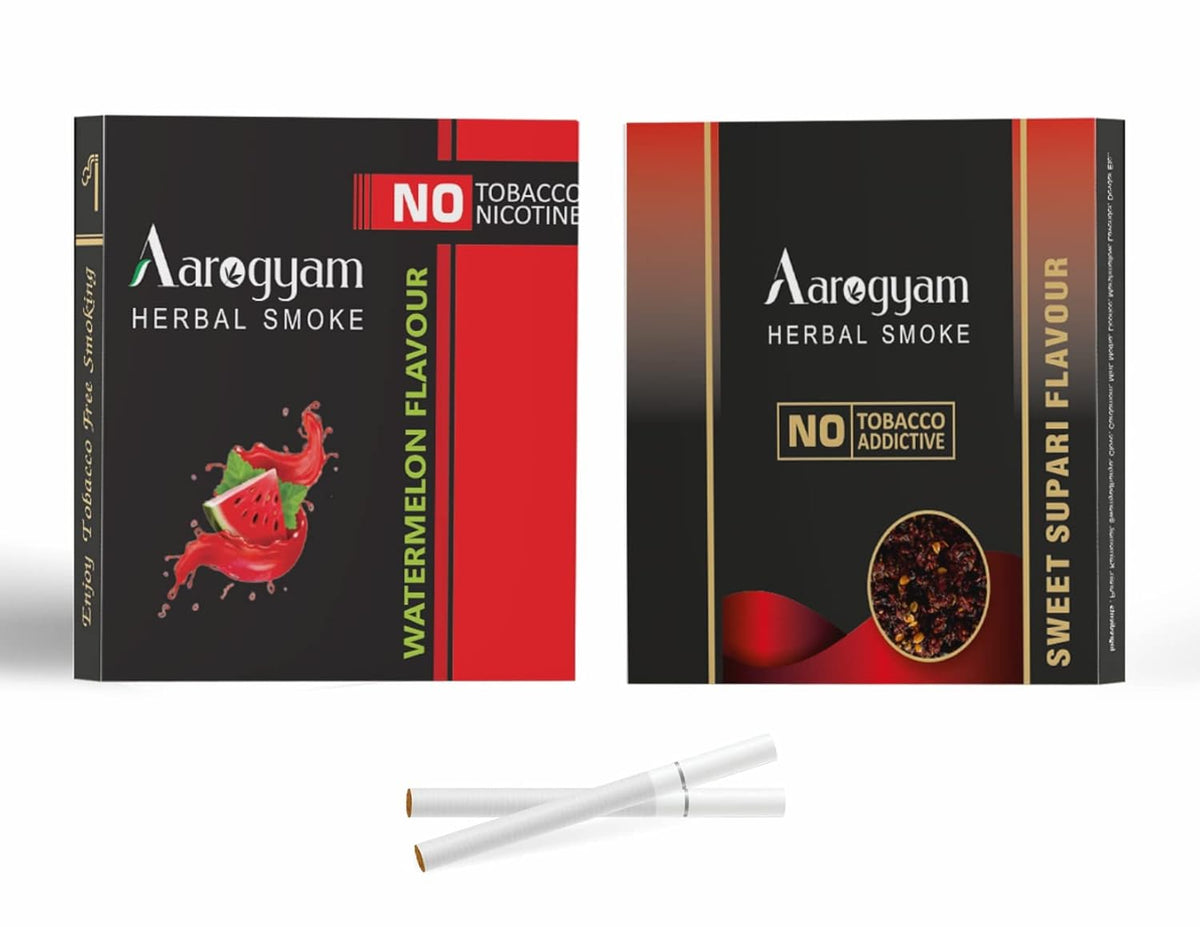 Aarogyam Herbals Pack Of 2 Flavours 100% Tobacco & Nicotine Free Cigarette For Relieve Stress & Mood Enhance Product Sweet Supari, Watermelon - 10 Sticks X 2 Packets