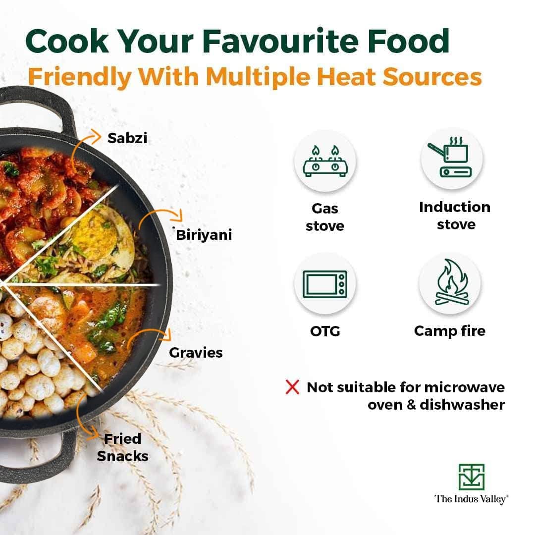 Pre-Seasoned Cast Iron Cookware Set - Tawa 30 Cm + Kadai 25.4 Cm, 2.3 Liters + Fry Pan 23 Cm, 1.4 Liters | Kitchen Cooking Combo Pots & Pans Set Of 3 Pcs - Naturally Nonstick Pre-Seasoned Cast Iron Cookware Set - Tawa 30 Cm + Kadai 25.4 Cm, 2.3 Liters + Fry Pan 23 Cm, 1.4 Liters | Kitchen Cooking Combo Pots & Pans Set Of 3 Pcs - Naturally Nonstick