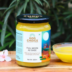 Premium Full Moon A2 Desi Cow Ghee By God Choice Organic Farms | High In Protein Fiber Healthy Desi Ghee For Baking & Dishes | (500ml) 16.9 Ounce | Jar Pack