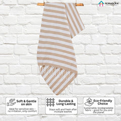 Homadorn 100% Cotton Striped Fouta Bath Towels 350 Gsm | Soft Quick Dry & Absorbent Hand-Knotted Tassels | Turkish Hamam Towel (Beige - White)