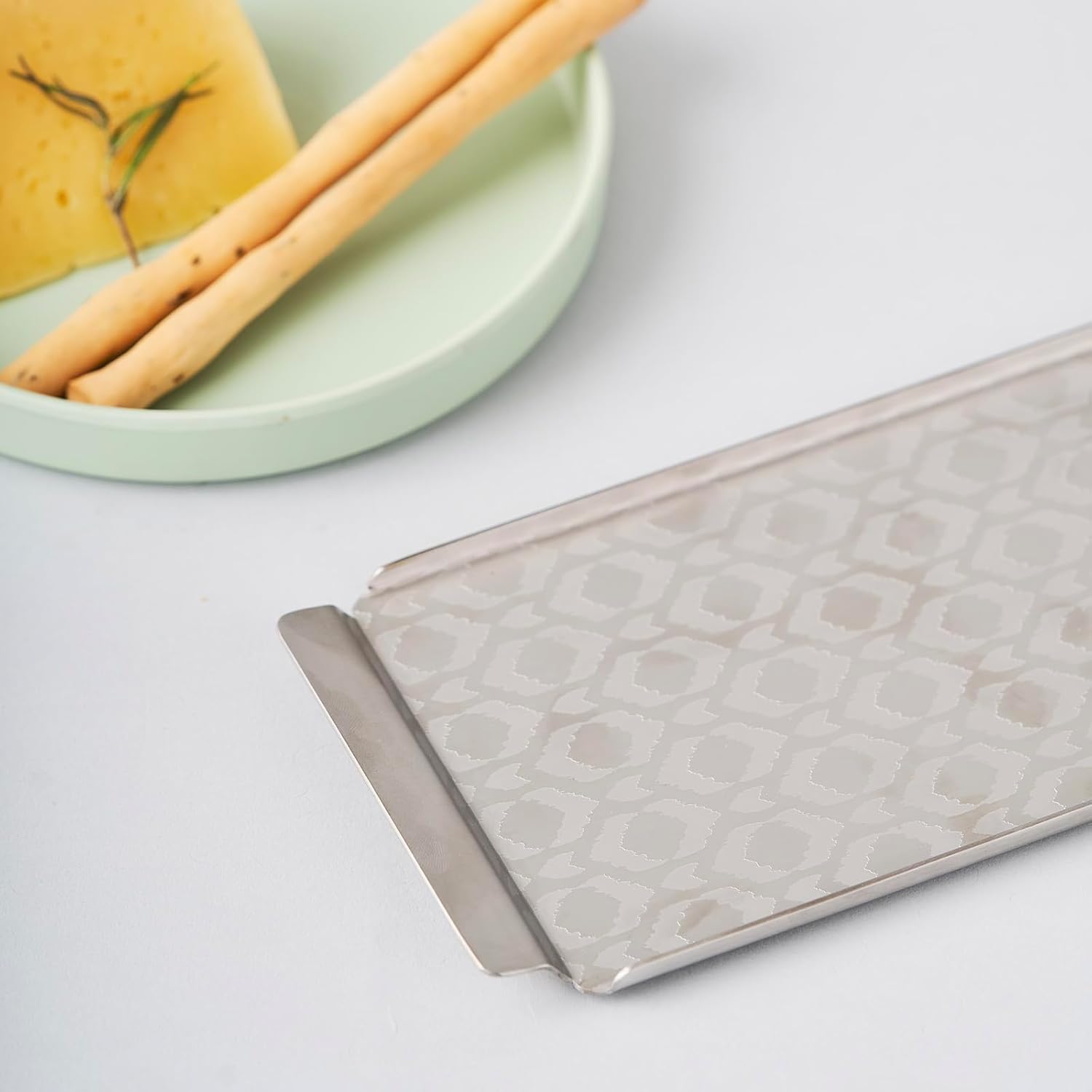 Designer Chrome Stainless Steel Small Tray - Ikat Series, Matt Finish | Corporate Gifting For Diwali - Multipurpose Serving Platter | Premium Serve Ware, Dinnerware & Tableware Designer Chrome Stainless Steel Small Tray - Ikat Series, Matt Finish | Corporate Gifting For Diwali - Multipurpose Serving Platter | Premium Serve Ware, Dinnerware & Tableware