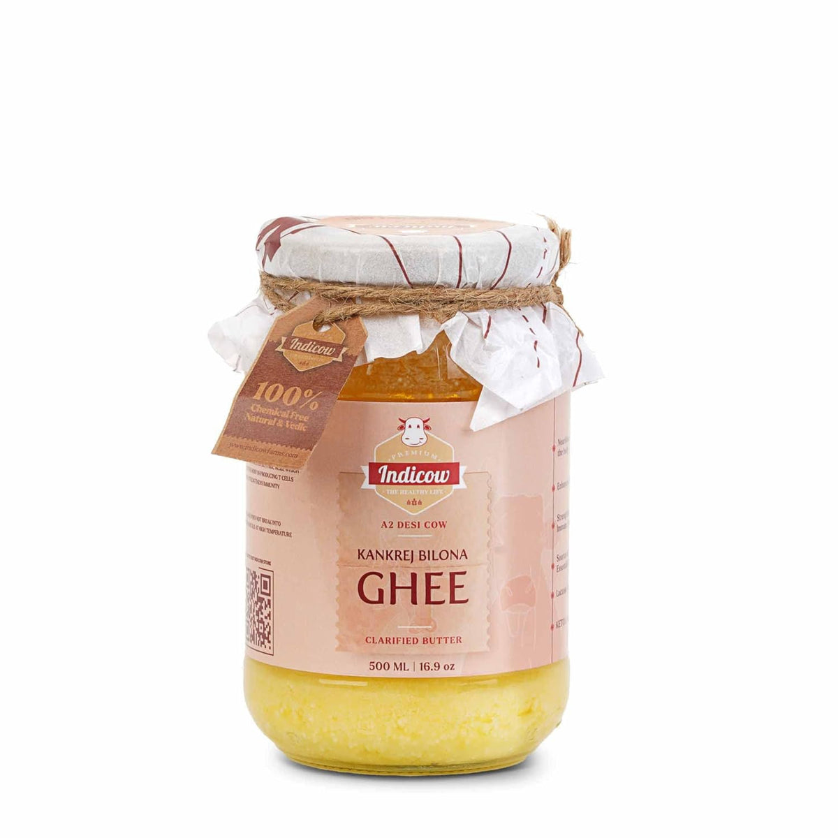 Pure Natural Kankrej Bilona A2 Cow Ghee By Indicow | Rich In Vitamins A, E Healthy Desi Cow Ghee Good For Bones Health | (500ml) 16.9 Ounce | Jar Pack