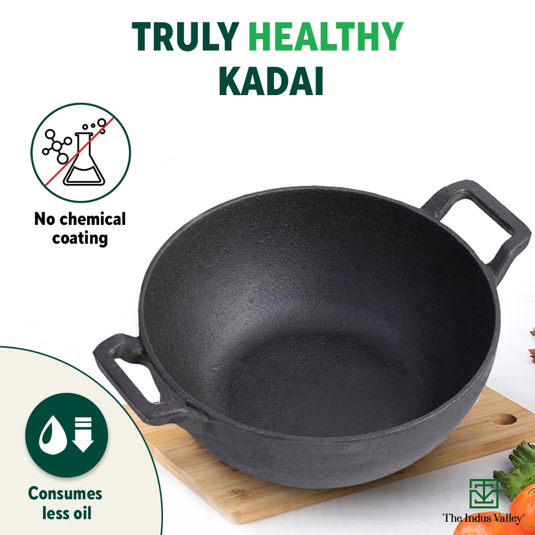 Pre-Seasoned Black Cast Iron Kadai With Curved Handles - Small, 21 Cm, 8 Inch, 1.7 Liters, 1.7 Kg | Induction Friendly, Naturally Nonstick Kadhai, 100% Pure & Toxin-Free, No Chemical Coating Pre-Seasoned Black Cast Iron Kadai With Curved Handles - Small, 21 Cm, 8 Inch, 1.7 Liters, 1.7 Kg | Induction Friendly, Naturally Nonstick Kadhai, 100% Pure & Toxin-Free, No Chemical Coating