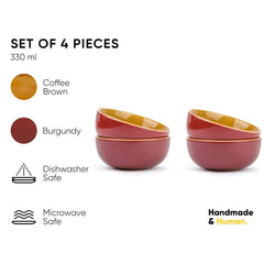 Ceramic Bowl Set Of 4 Pieces For Snacks - 330ml Each, Burgundy Brown | Maggie Bowl, Noodle Bowl With Glossy Finish - Premium Stoneware | Microwave Safe & Dishwasher Safe