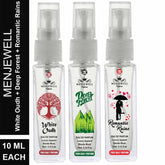 Menjewell White Oudh + Deep Forest + Romantic Rains Eau De Parfum 3x 0.3 Fl.oz. Long Lasting | Alcohol Free | Men Fragrance | Pocket Perfume