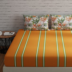 144 TC Double Bedsheet For Queen Size With 2 Pillow Covers - 88 X 96 Inches, Orange & Green | Printed Stripes & Flamingos | Perfect Gift For Anniversary, Wedding
