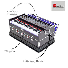 Harmonium Musical Instrument - 7 Stopper, 39 Keys, Double Fold Bellow, Two Reeds (Bass+ Male) | Two Side Carry Handles, Jaali Frame On Keys