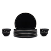 Ceramic Dinner Set Of 12 Pcs, Black Rim | Crockery Set For Dining Table - Dining Sets Crockery Items | Glossy Finish Premium Stoneware | 6 Dinner Plates + 6 Veg Small Bowls, 180ml Each