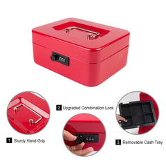 Medium Metal Cash Box With Combination Lock Safe & Money Tray For Security 7.87"X 6.30"X 3.54" Colour - Red
