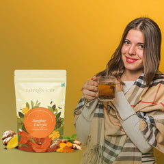 Saffron Cup Sunglow Energize Tea - 100gm, 3.5 Ounce | Infused With Ginger, Turmeric, Lemongrass & Licorice - Caffeine Free, Anti-Inflammatory | Airtight Zip Lock Pouch