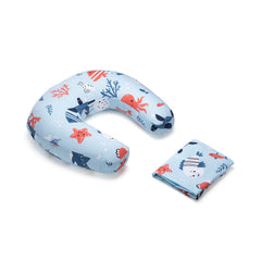 Nursing Pillow With Cape, For Breastfeeding & Baby Care, Coral Dive - Light Sky-Blue | 5 In 1 Feeding Pillow With 100% Cotton Removable Cover | Super Soft & Machine Washable Comfortable