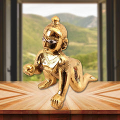 Laddoo Gopal God Idol, Bal Krishna, Kanha Ji Statue, Gold, Brass - Size No.1, 2, Handmade In India, Home Décor, Little Krishna Idol For Janmashtami Pooja - 1 Laddu Gopal Statue