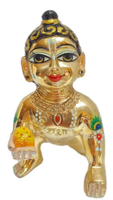 Beautiful Brass Hand Painted Laddu Gopal Ji, Metal, Idol - Size No.4, Made In Vrindavan, Baby Krishna, Kanhaiya, Gold Color, Lord Krishna Idol