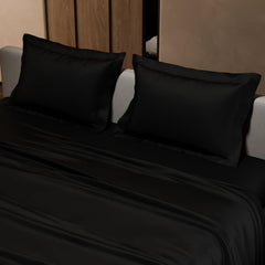 Double Bedsheet With 2 Pillow Covers - 90 X 100 Inches, Black | Ultra Satin Premium Bedding Set | Gift For Couples, Wedding, Anniversary, Date Night