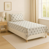Bedsheet For Single Bed With 1 Pillow Cover - Size 90 X 60 Inches, White Grey | Soft Touch Cotton Fabric-Comfortable & Durable | Elegant Printed Bedding Set For Daily Use