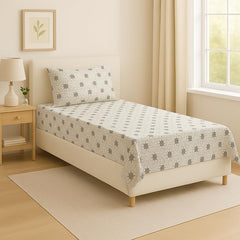 Bedsheet For Single Bed With 1 Pillow Cover - Size 90 X 60 Inches, White Grey | Soft Touch Cotton Fabric-Comfortable & Durable | Elegant Printed Bedding Set For Daily Use