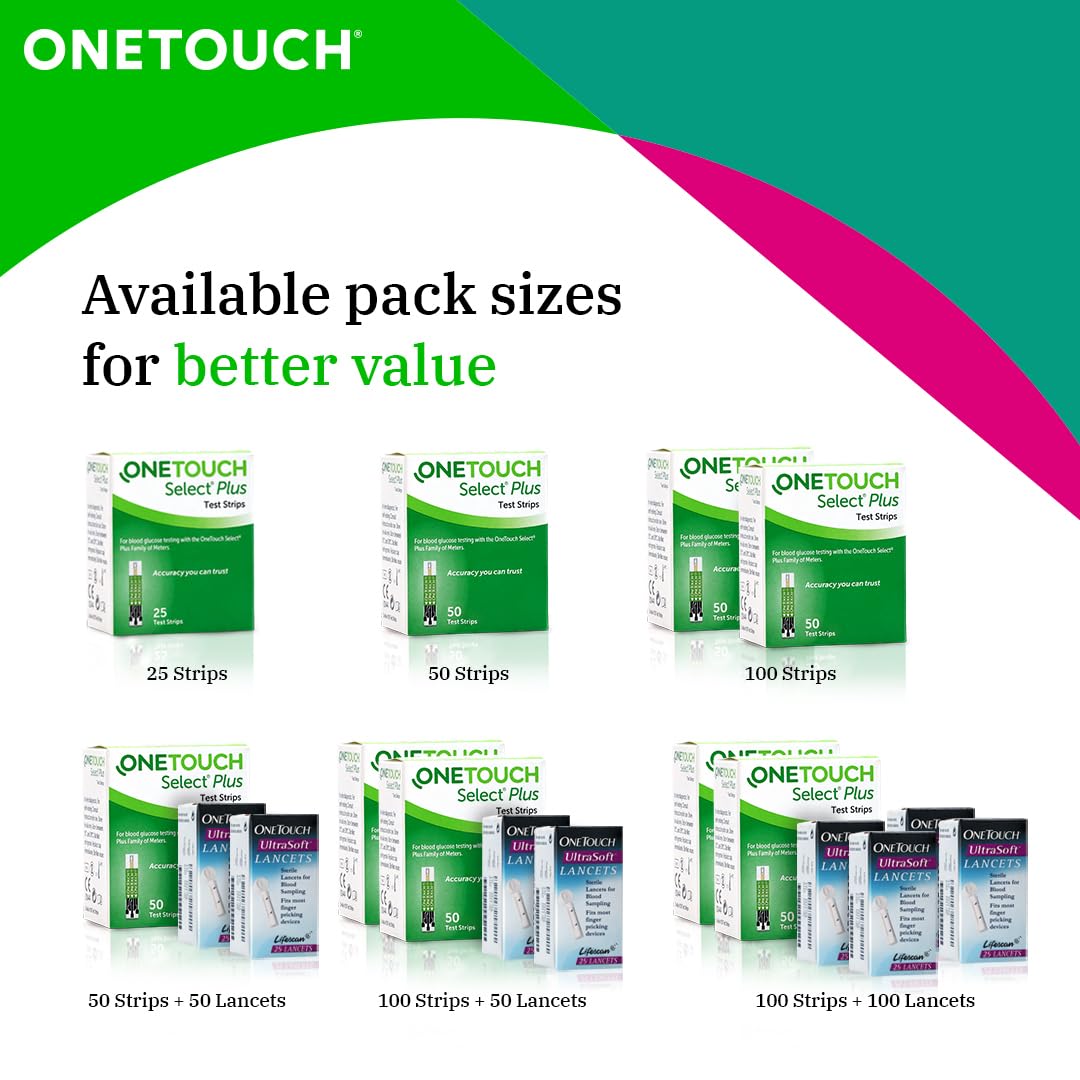 OneTouch Select Plus Test Strips - Pack of 25 Strips | Blood Sugar Test Machine Testing Strips | Global Iconic Brand | For use with OneTouch Select Plus Simple Glucometer OneTouch Select Plus Test Strips - Pack of 25 Strips | Blood Sugar Test Machine Testing Strips | Global Iconic Brand | For use with OneTouch Select Plus Simple Glucometer