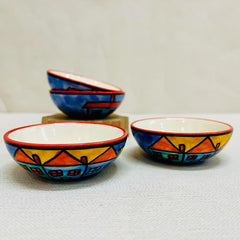 Exotic Panorama Small Ceramic Dip Bowls Set - 4 Pieces, 50ml Each, Multicolor | Hand Painted Mini Chutney Bowls - Pickle Small Katoris For Serving Sauce