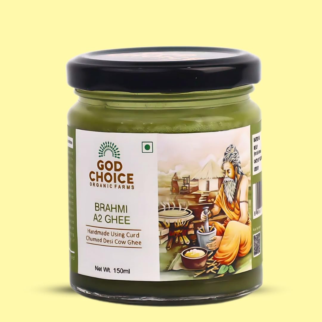 Premium Brahmi A2 Desi Cow Ghee By God Choice Organic Farms | High In Protein Fiber Healthy Desi Ghee For Skin & Hair | (150ml) 5.0 Ounce | Jar Pack