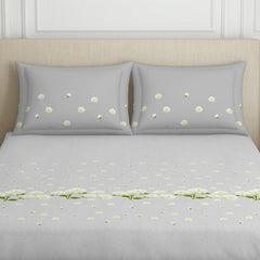 Double Bedsheet With 2 Pillow Covers (Size 88 X 100 Inch) Light Grey | Breathable Pure Cotton Queen Size Bedsheet | Floral Design Bedsheet